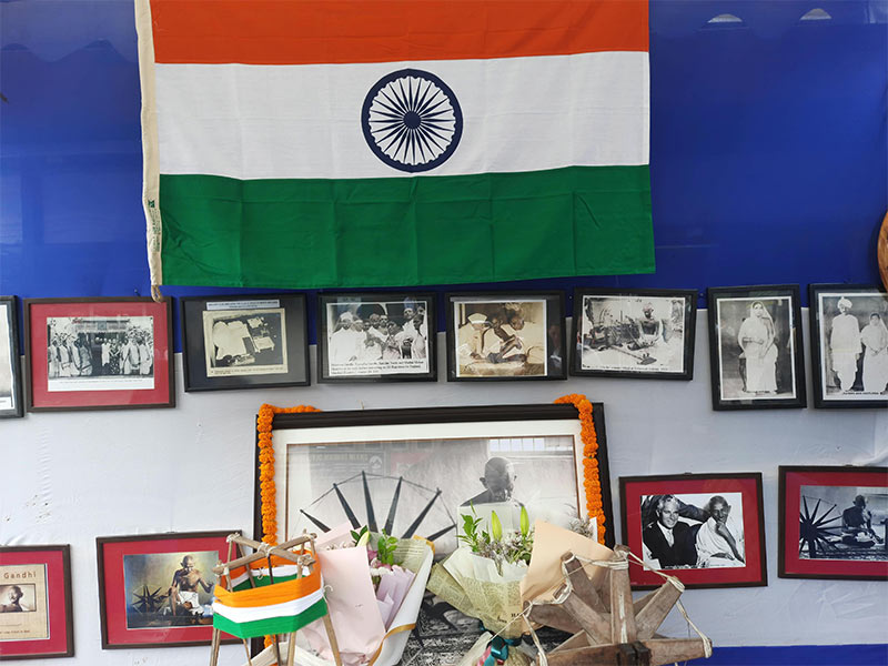 Photographs of Mahatma Gandhi displayed at the stall