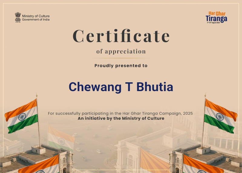 Certificate of Appreciation for Chewang T Bhutia