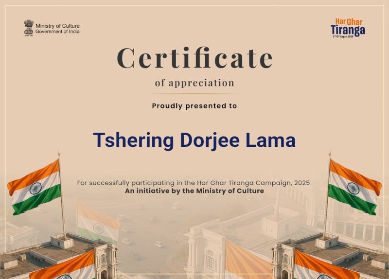 Certificate for Tshering Dorjee Lama